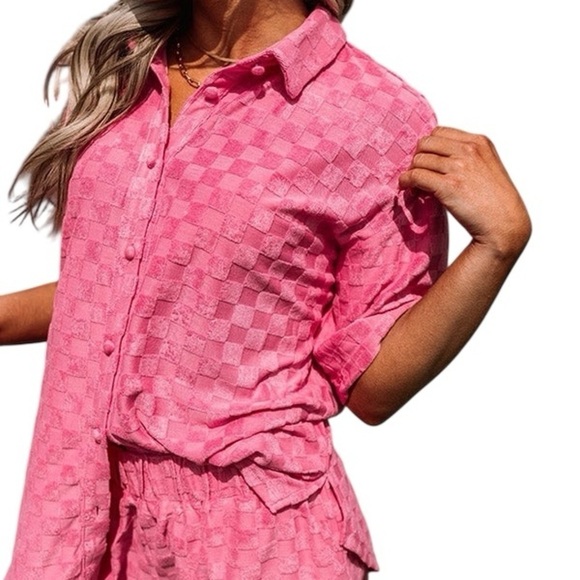 Bailey Rose Tops - Bailey Rose Pink Checkered Terry Shirt large beach summer spring oversized